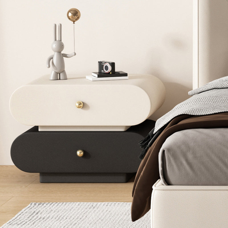 Modern Minimalist Oval Faux Leather Finger-Jointed Board Solid Wood Nightstand 2-Drawer For Bedroom