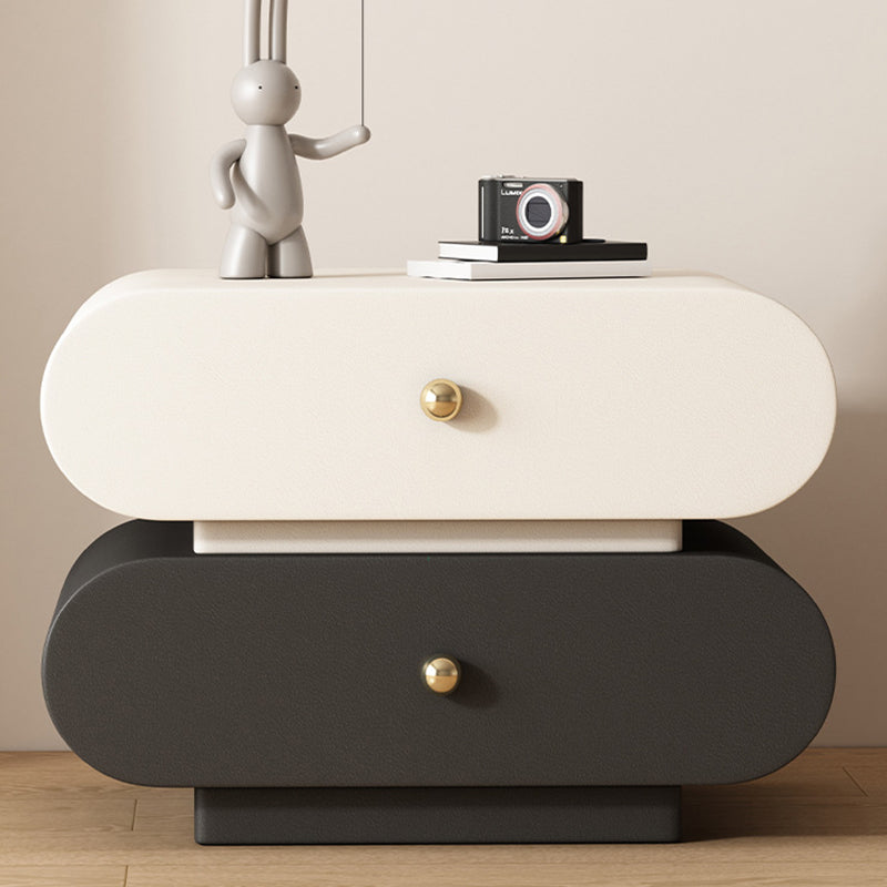 Modern Minimalist Oval Microfiber Leather Finger-Jointed Board Solid Wood Multi-Layer Board Nightstand 2-Drawer For Bedroom
