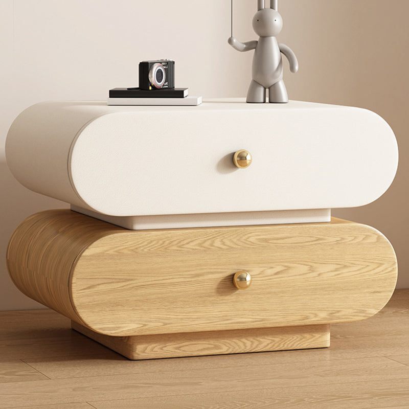 Modern Minimalist Oval Faux Leather Finger-Jointed Board Solid Wood Nightstand 2-Drawer For Bedroom