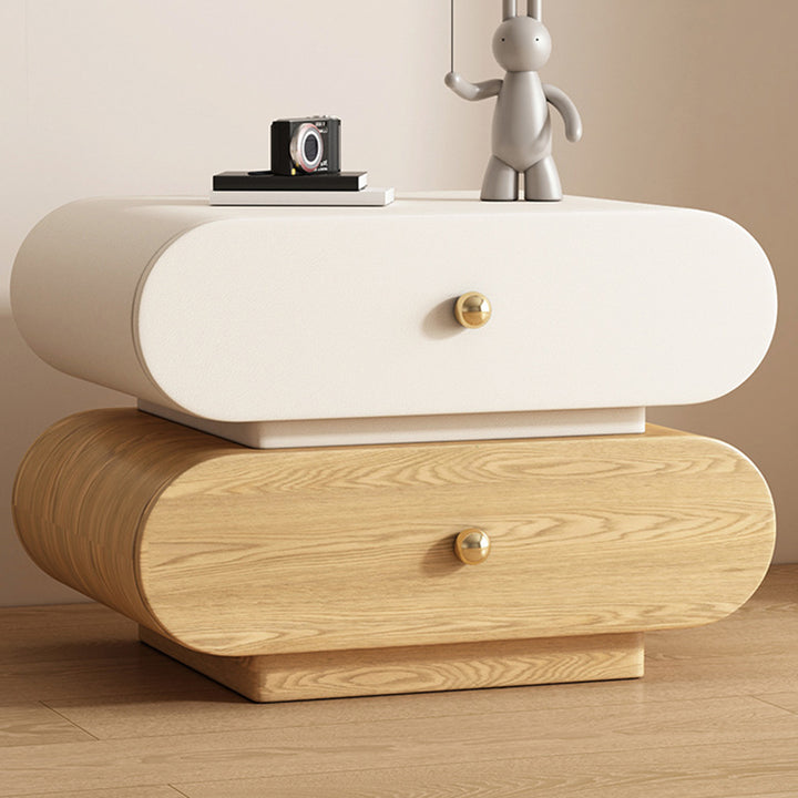 Modern Minimalist Oval Faux Leather Finger-Jointed Board Solid Wood Nightstand 2-Drawer For Bedroom