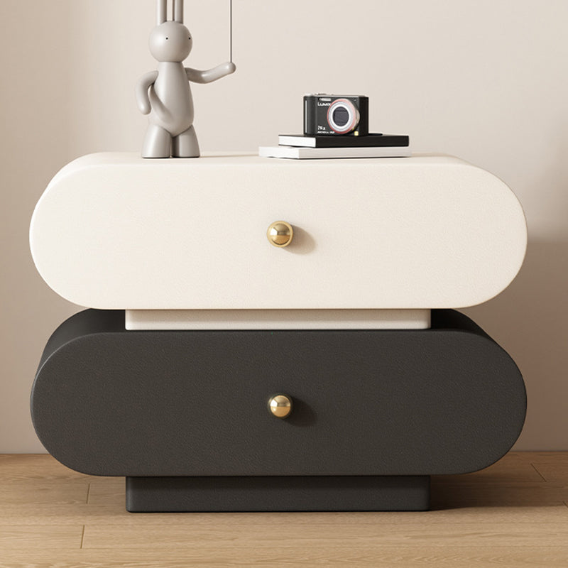 Modern Minimalist Oval Faux Leather Finger-Jointed Board Solid Wood Nightstand 2-Drawer For Bedroom