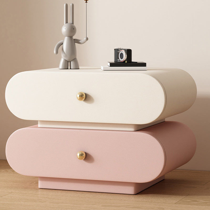 Modern Minimalist Oval Microfiber Leather Finger-Jointed Board Solid Wood Multi-Layer Board Nightstand 2-Drawer For Bedroom