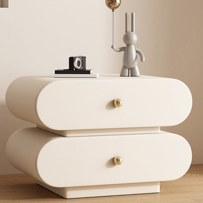 Modern Minimalist Oval Faux Leather Finger-Jointed Board Solid Wood Nightstand 2-Drawer For Bedroom