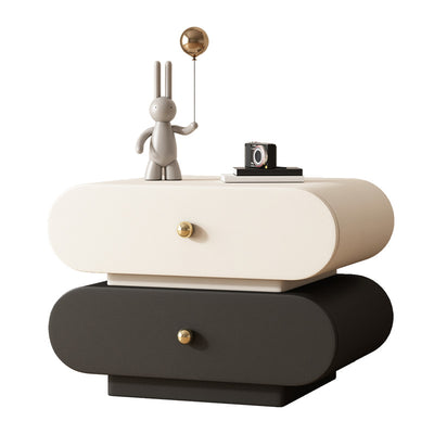 Modern Minimalist Oval Microfiber Leather Finger-Jointed Board Solid Wood Multi-Layer Board Nightstand 2-Drawer For Bedroom
