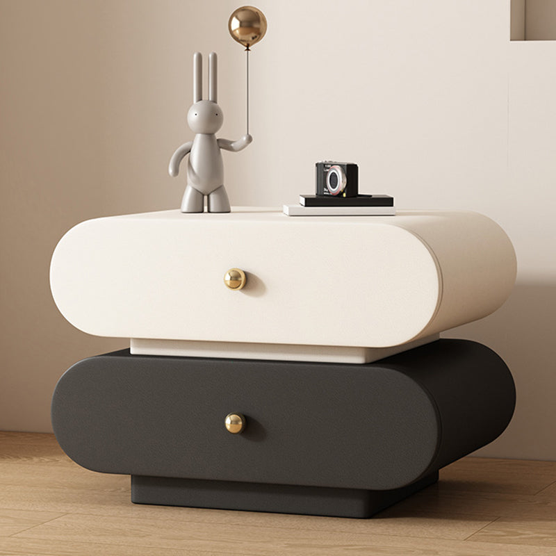 Modern Minimalist Oval Faux Leather Finger-Jointed Board Solid Wood Nightstand 2-Drawer For Bedroom