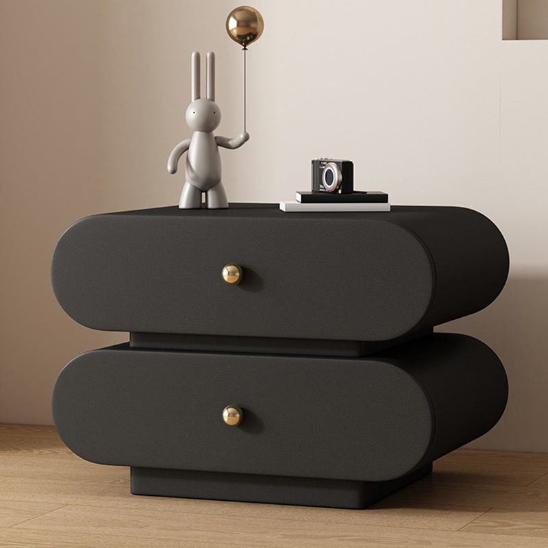 Modern Minimalist Oval Faux Leather Finger-Jointed Board Solid Wood Nightstand 2-Drawer For Bedroom
