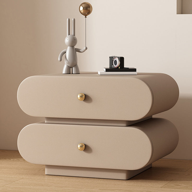 Modern Minimalist Oval Microfiber Leather Finger-Jointed Board Solid Wood Multi-Layer Board Nightstand 2-Drawer For Bedroom