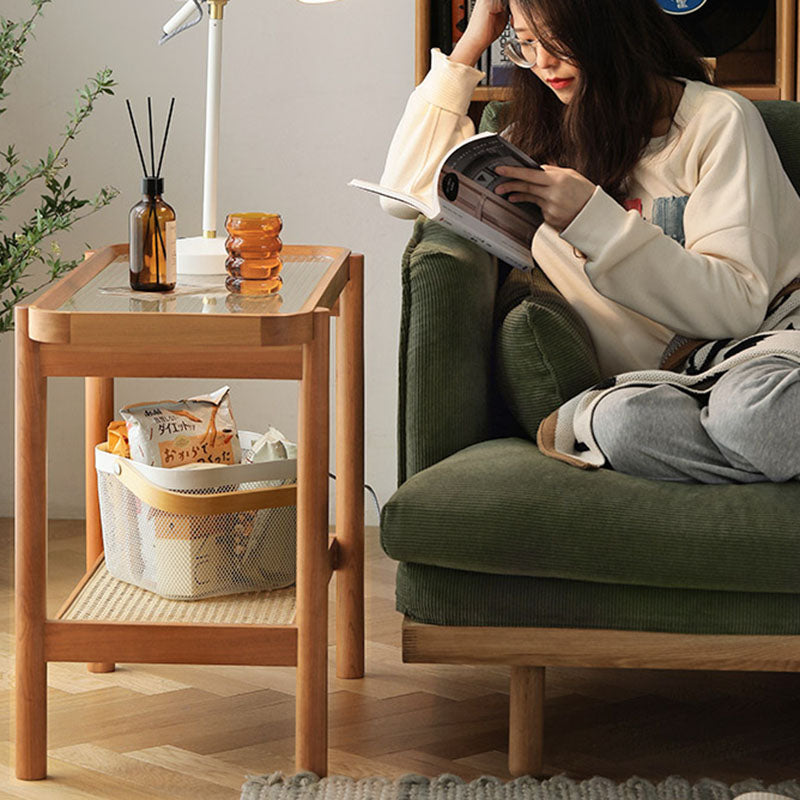 Modern Minimalist Rectangular Glass Solid Wood Rattan End Table 4-Leg 2-Tier For Living Room