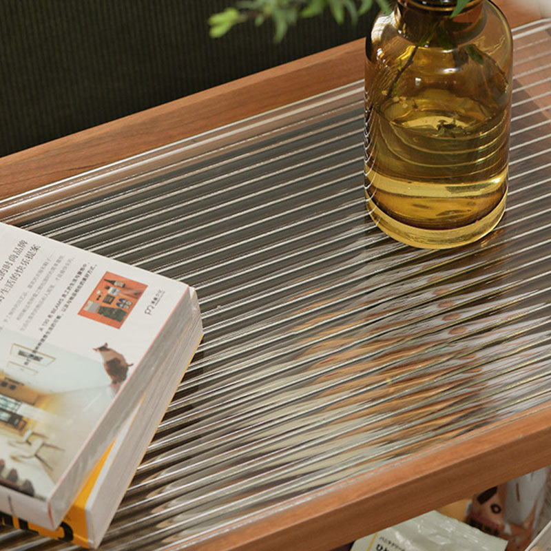 Modern Minimalist Rectangular Glass Solid Wood Rattan End Table 4-Leg 2-Tier For Living Room