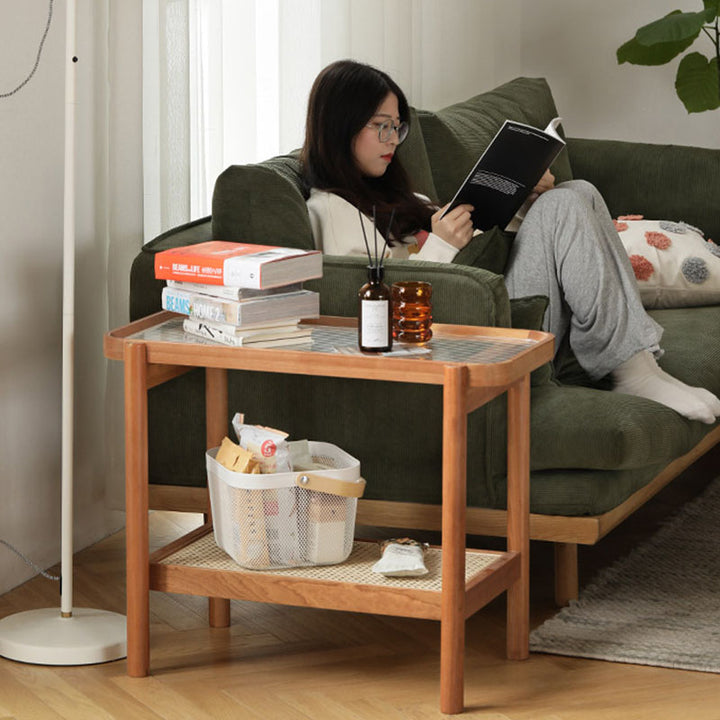 Table d'appoint rectangulaire minimaliste moderne en verre, bois massif et rotin, à 4 pieds et 2 niveaux pour salon 
