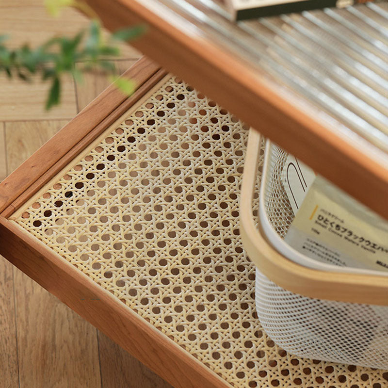 Modern Minimalist Rectangular Glass Solid Wood Rattan End Table 4-Leg 2-Tier For Living Room