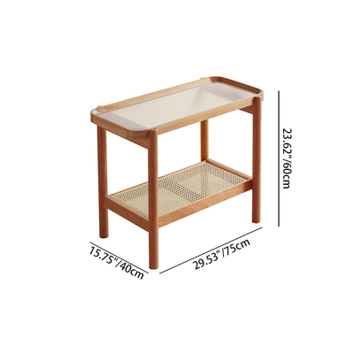 Modern Minimalist Rectangular Glass Solid Wood Rattan End Table 4-Leg 2-Tier For Living Room