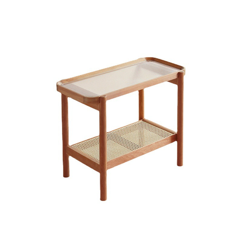 Modern Minimalist Rectangular Glass Solid Wood Rattan End Table 4-Leg 2-Tier For Living Room