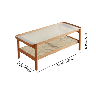 Modern Minimalist Rectangular Glass Solid Wood Rattan End Table 4-Leg 2-Tier For Living Room