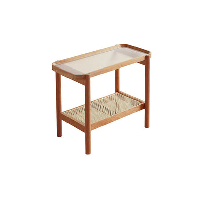 Modern Minimalist Rectangular Glass Solid Wood Rattan End Table 4-Leg 2-Tier For Living Room