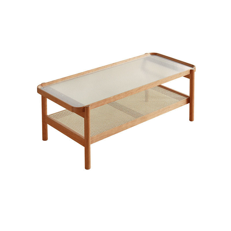 Modern Minimalist Rectangular Glass Solid Wood Rattan End Table 4-Leg 2-Tier For Living Room
