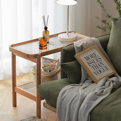 Modern Minimalist Rectangular Glass Solid Wood Rattan End Table 4-Leg 2-Tier For Living Room
