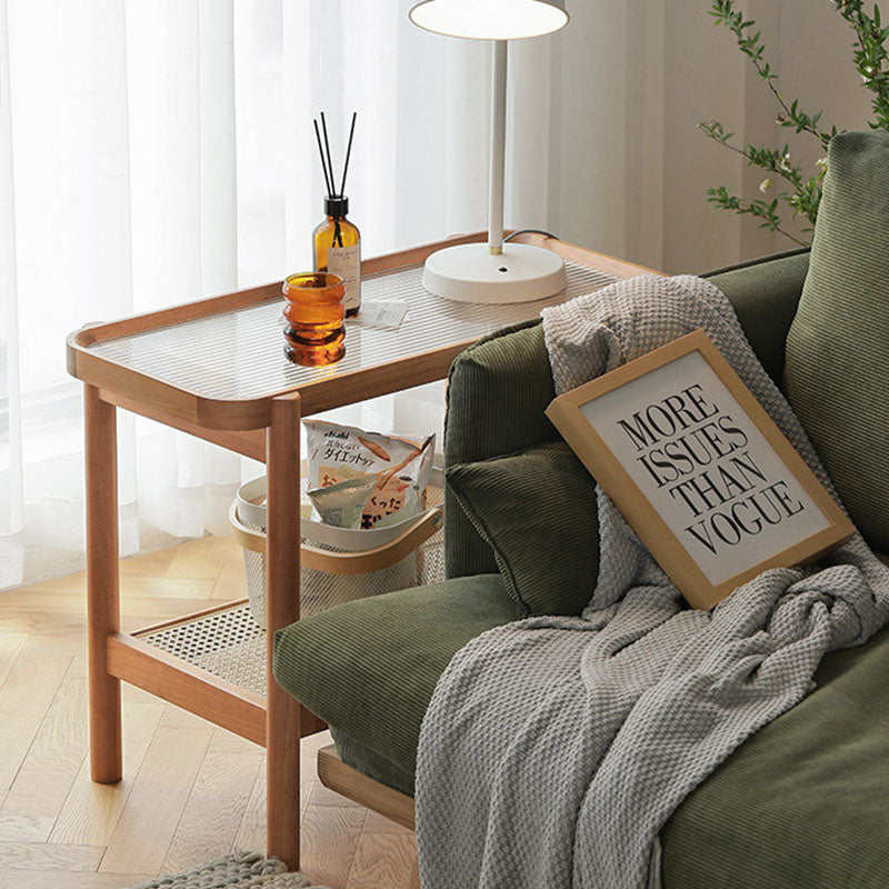 Modern Minimalist Rectangular Glass Solid Wood Rattan End Table 4-Leg 2-Tier For Living Room