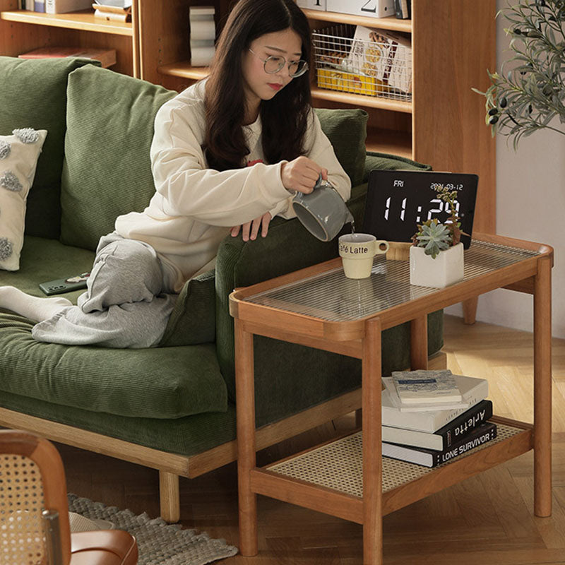 Modern Minimalist Rectangular Glass Solid Wood Rattan End Table 4-Leg 2-Tier For Living Room