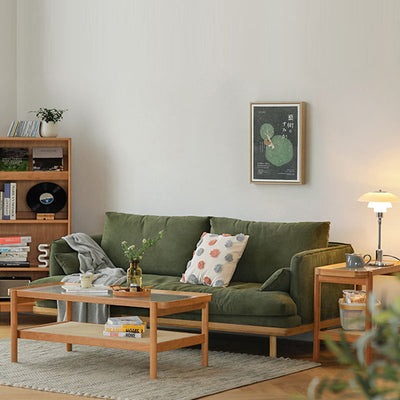 Modern Minimalist Rectangular Glass Solid Wood Rattan End Table 4-Leg 2-Tier For Living Room