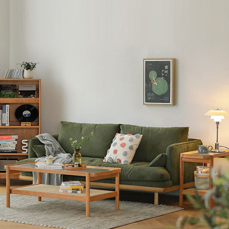 Modern Minimalist Rectangular Glass Solid Wood Rattan End Table 4-Leg 2-Tier For Living Room