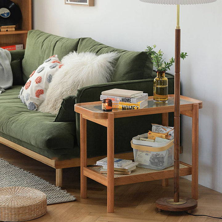Table d'appoint rectangulaire minimaliste moderne en verre, bois massif et rotin, à 4 pieds et 2 niveaux pour salon 