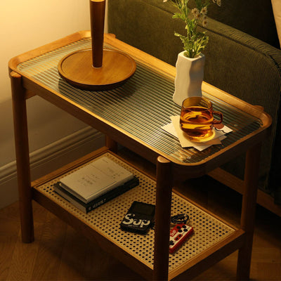 Modern Minimalist Rectangular Glass Solid Wood Rattan End Table 4-Leg 2-Tier For Living Room