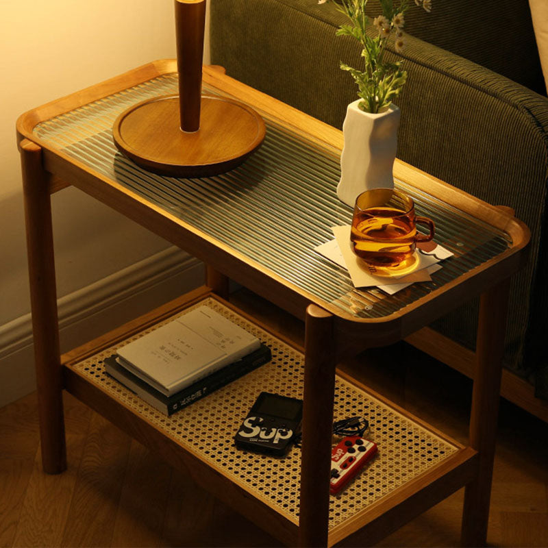 Modern Minimalist Rectangular Glass Solid Wood Rattan End Table 4-Leg 2-Tier For Living Room
