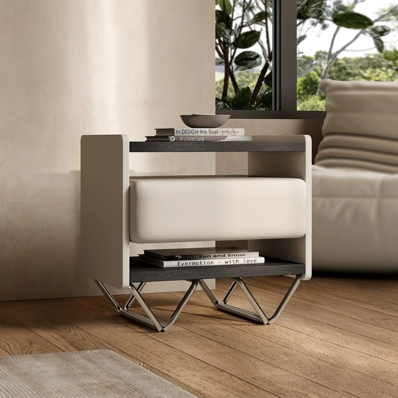 Modern Minimalist Rectangular Solid Wood Veneer Multi-layer Solid Wood Panel Stainless Steel Hardware Nightstand 2-Leg 2-Tier 1-Drawer For Bedroom