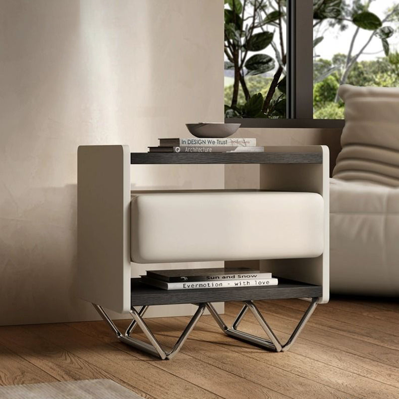Modern Minimalist Rectangular Solid Wood Veneer Multi-layer Solid Wood Panel Stainless Steel Hardware Nightstand 2-Leg 2-Tier 1-Drawer For Bedroom