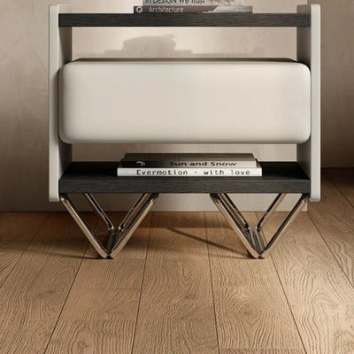 Modern Minimalist Rectangular Solid Wood Veneer Multi-layer Solid Wood Panel Stainless Steel Hardware Nightstand 2-Leg 2-Tier 1-Drawer For Bedroom