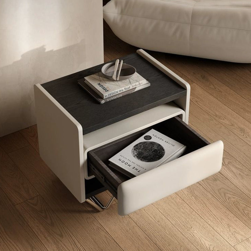 Modern Minimalist Rectangular Solid Wood Veneer Multi-layer Solid Wood Panel Stainless Steel Hardware Nightstand 2-Leg 2-Tier 1-Drawer For Bedroom