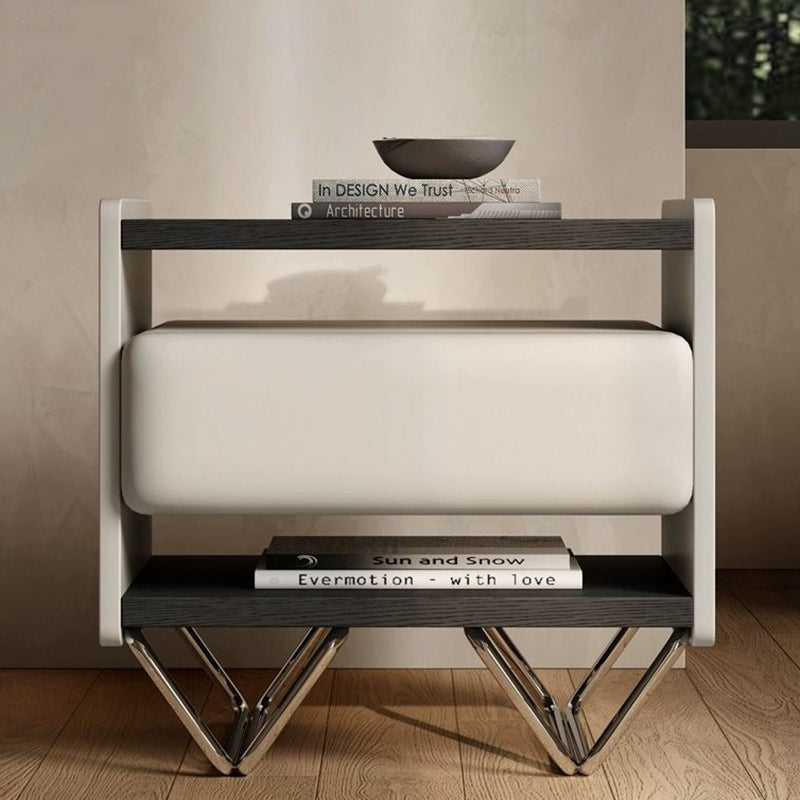Modern Minimalist Rectangular Solid Wood Veneer Multi-layer Solid Wood Panel Stainless Steel Hardware Nightstand 2-Leg 2-Tier 1-Drawer For Bedroom