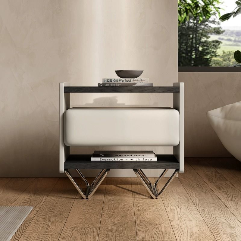 Modern Minimalist Rectangular Solid Wood Veneer Multi-layer Solid Wood Panel Stainless Steel Hardware Nightstand 2-Leg 2-Tier 1-Drawer For Bedroom