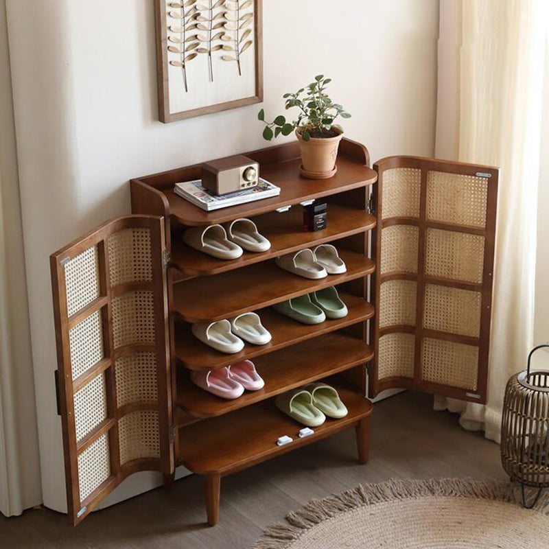 Modern Minimalist Rectangular Solid Wood Rattan Shoe Storage 4-Leg 6-Tier For Living Room