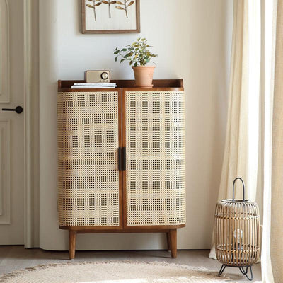 Modern Minimalist Rectangular Solid Wood Rattan Shoe Storage 4-Leg 6-Tier For Living Room