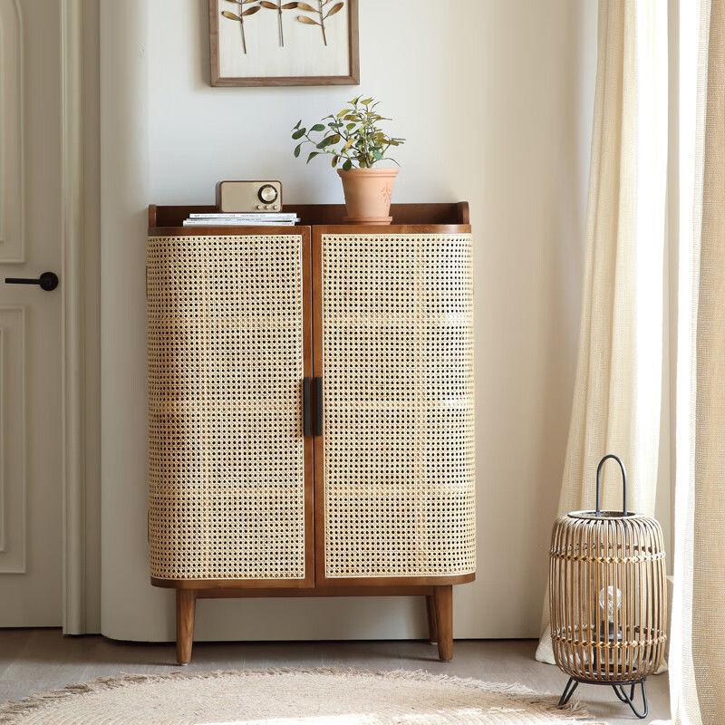 Modern Minimalist Rectangular Solid Wood Rattan Shoe Storage 4-Leg 6-Tier For Living Room