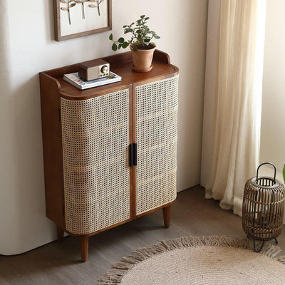 Modern Minimalist Rectangular Solid Wood Rattan Shoe Storage 4-Leg 6-Tier For Living Room
