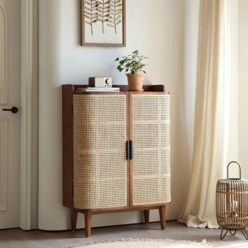 Modern Minimalist Rectangular Solid Wood Rattan Shoe Storage 4-Leg 6-Tier For Living Room