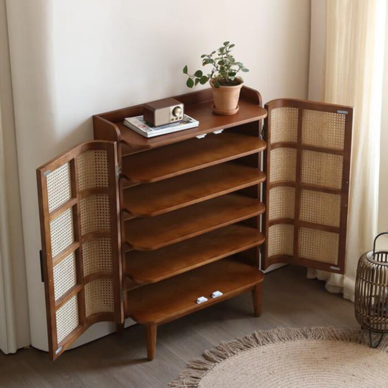 Modern Minimalist Rectangular Solid Wood Rattan Shoe Storage 4-Leg 6-Tier For Living Room