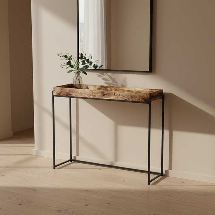 Console traditionnelle vintage rectangulaire en bois massif et fer à 4 pieds pour entrées 