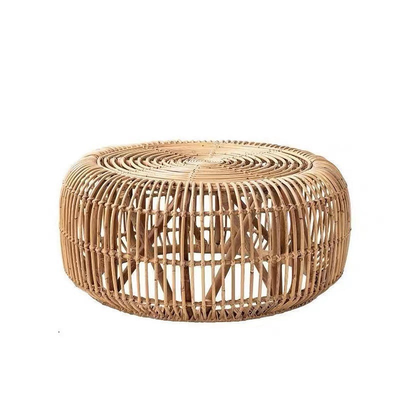 Traditional Vintage Round Genuine Rattan Glass Coffee Table Openwork Design For Living Room