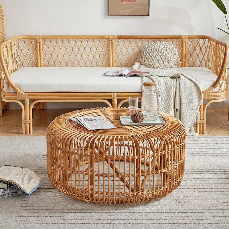 Traditional Vintage Round Genuine Rattan Glass Coffee Table Openwork Design For Living Room