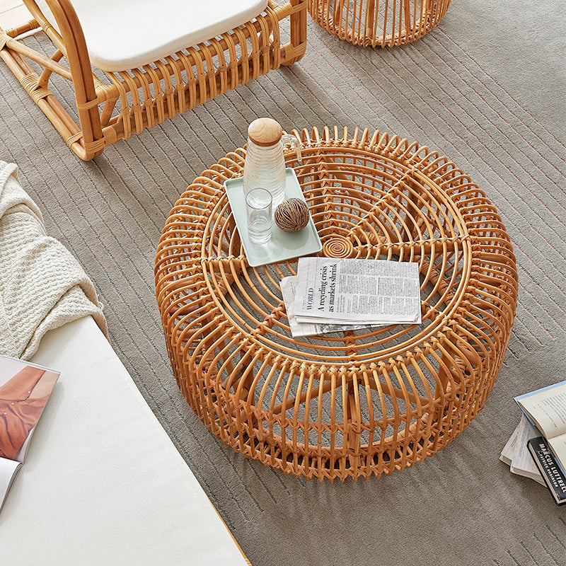 Traditional Vintage Round Genuine Rattan Glass Coffee Table Openwork Design For Living Room