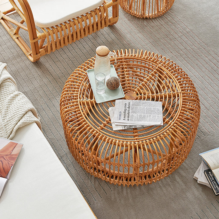 Traditional Vintage Round Genuine Rattan Glass Coffee Table Openwork Design For Living Room