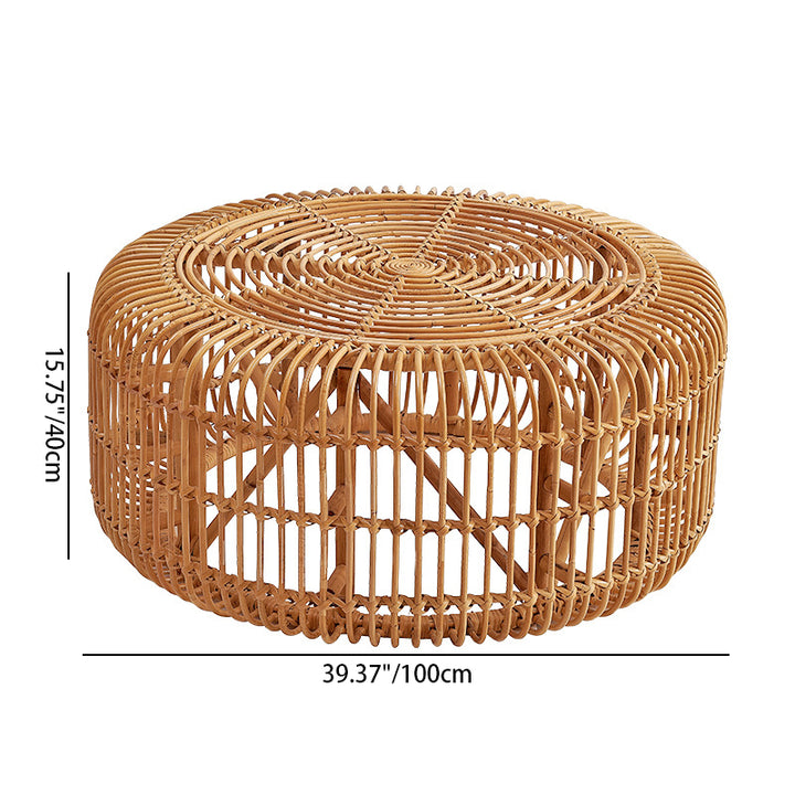 Traditional Vintage Round Genuine Rattan Glass Coffee Table Openwork Design For Living Room