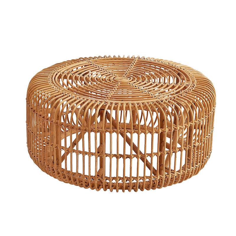 Traditional Vintage Round Genuine Rattan Glass Coffee Table Openwork Design For Living Room