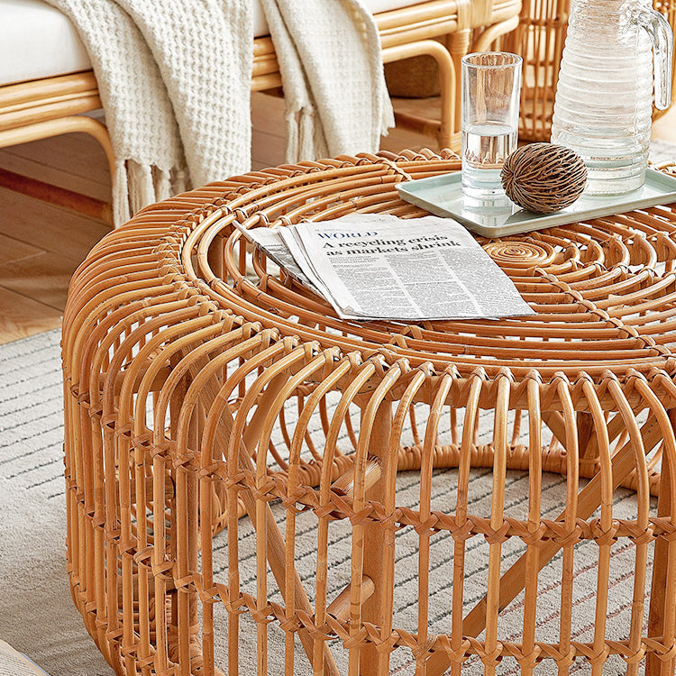 Traditional Vintage Round Genuine Rattan Glass Coffee Table Openwork Design For Living Room