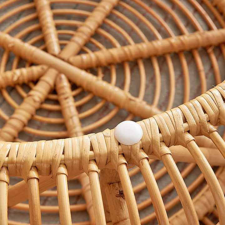 Traditional Vintage Round Genuine Rattan Glass Coffee Table Openwork Design For Living Room