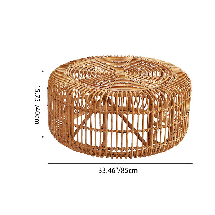 Traditional Vintage Round Genuine Rattan Glass Coffee Table Openwork Design For Living Room